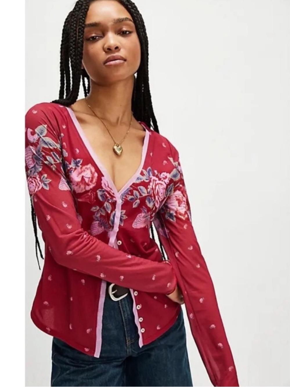 FREE PEOPLE Home Grown Floral Majenta Combo Button-Up Women's Mesh Cardigan